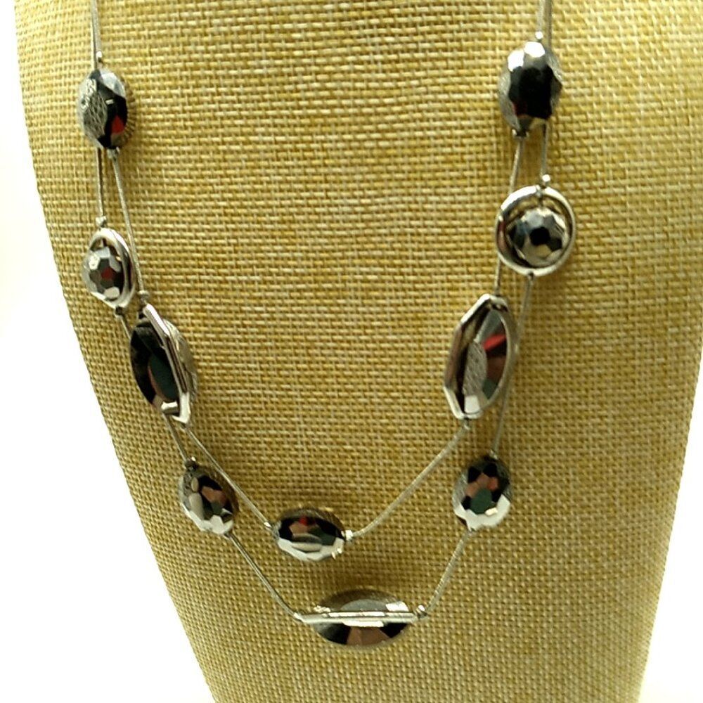 Metallic Faceted Charcoal Crystal Necklace Silver Tone Double Strand